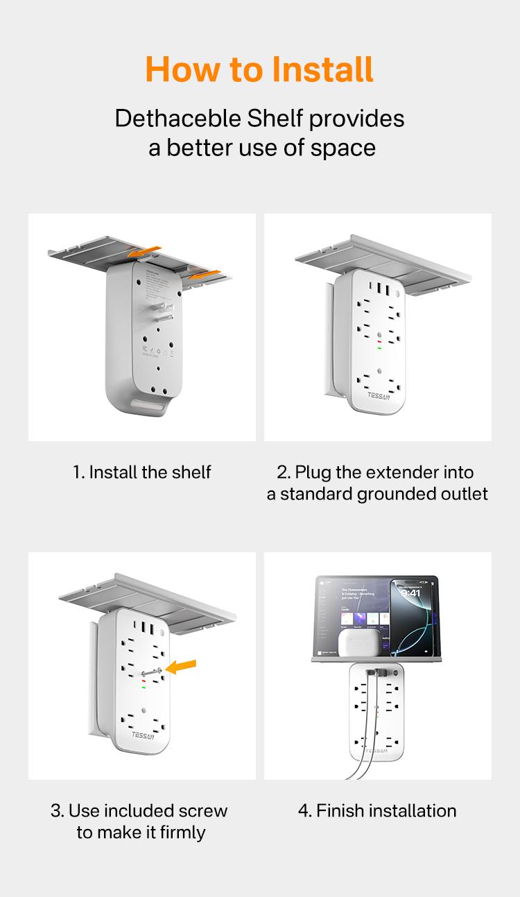 Tessan Wall Outlet Extender with Shelf Night Light Multi Plug Outlets USB Charger 6 AC 2 USB Ports 1 USB C for Home Office