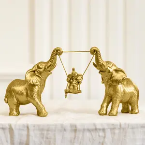 3pcs/Set Elephant Family Swing Ornament - Golden Resin Home Decor for Living Rooms & Offices - Adorable Craft Gift Symbolizing Happiness & Family Bond - Perfect for Bookshelves & Desks