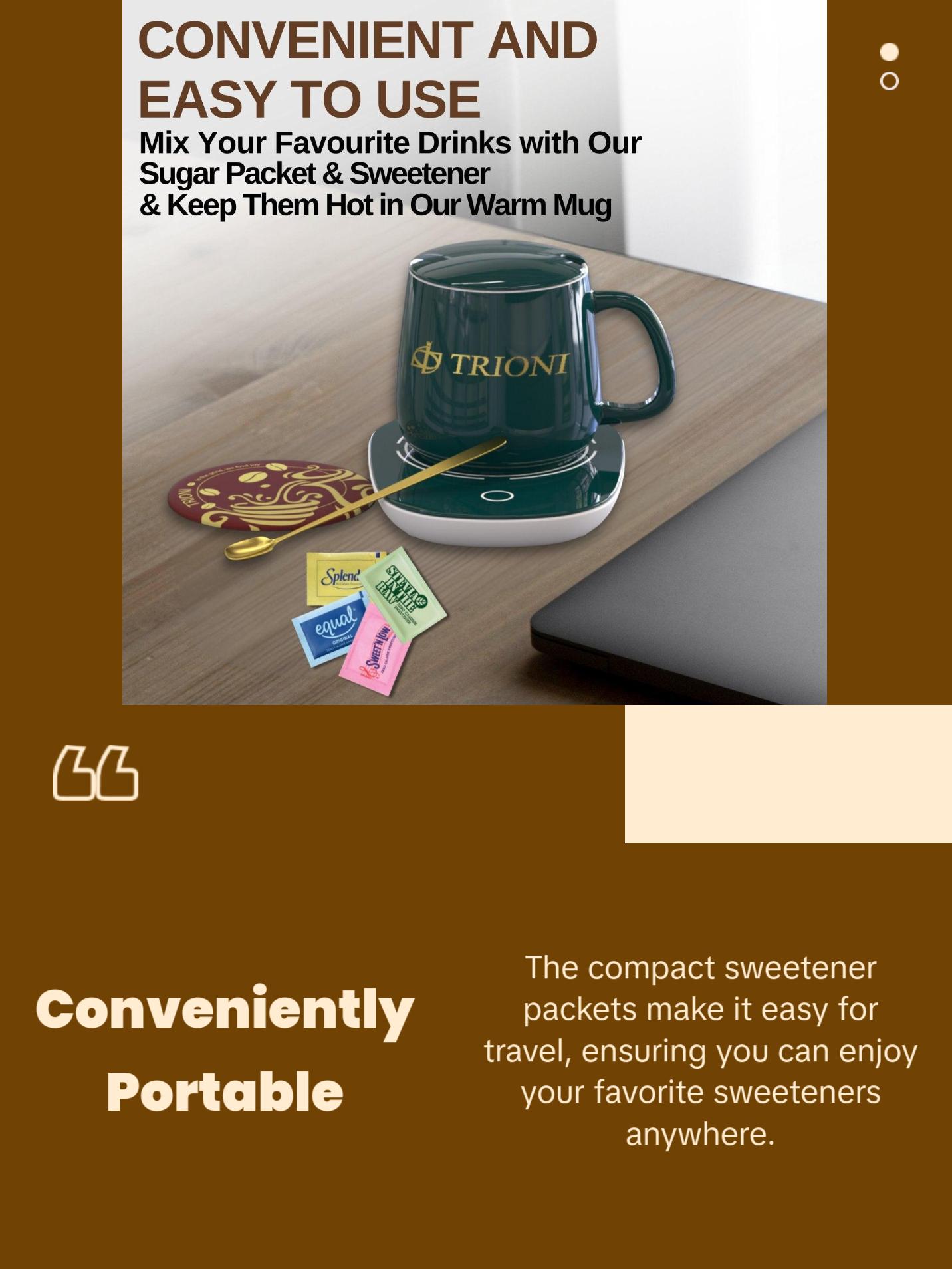 TRIONI Sweetener Assortment Pack - Stevia, Aspartame, Saccharin, and Sucralose with Stirrers and Coaster