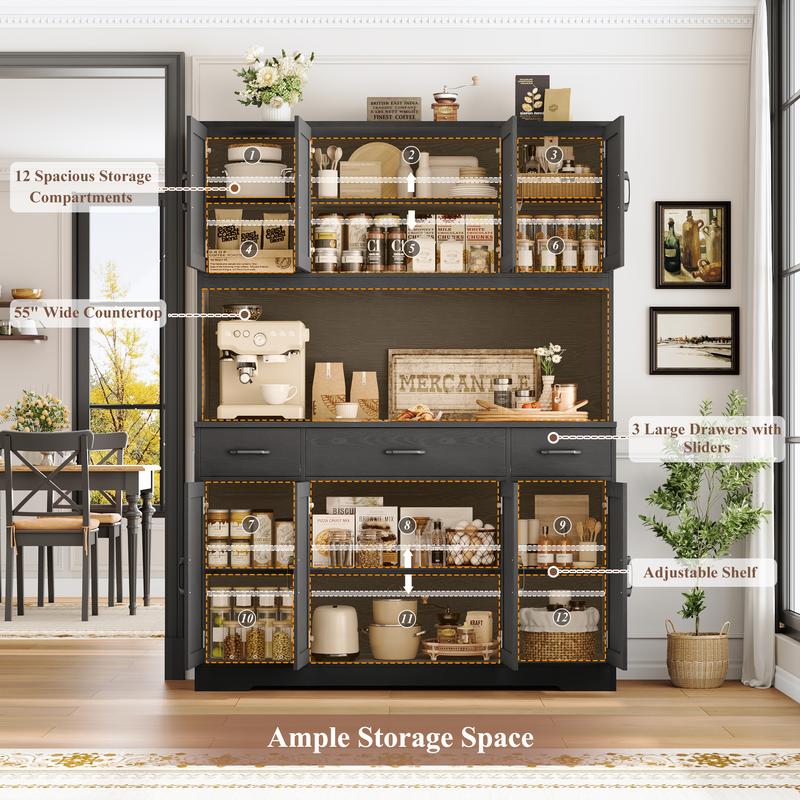 【2 packages shipping】HOSTACK 71" Tall Kitchen Pantry Storage Cabinet with Charging Station, Large Countertop, Farmhouse Food Pantry with 3 Storage Drawers
