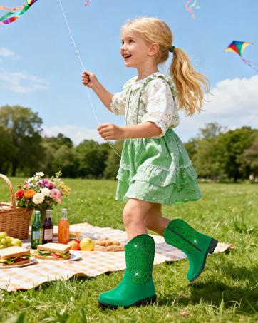 Sparkly Girls Cowgirl Boots Glitter Cowboy Dress Boots for Little to Big Kid Mid Calf Round Toe Birthday Horse Riding Pu Handles Celebrations