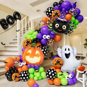 J.C HalloweenBalloonGarlandArchKit144PCSwithGhostPumpkinSpiderBOOFoilBalloonBlackOrangeGreenPurpleBalloonsforHalloweenDecorationsBalloonsPartySupplies