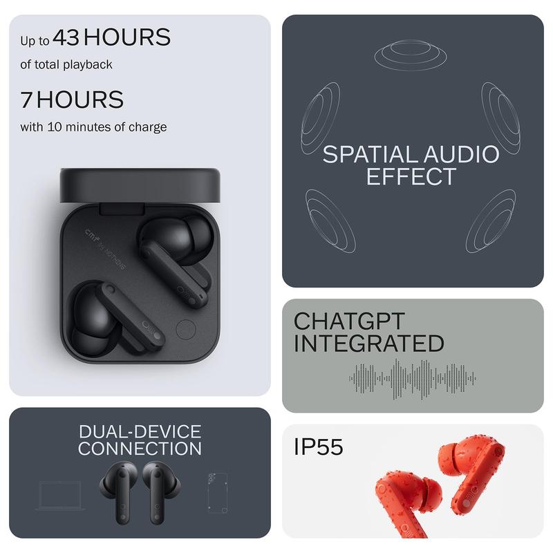「CMF Buds Pro 2」 Wireless Earbuds with Adjustable Noise Cancellation, ChatGPT Integration, Hi-Res Audio with LDAC, Electronic Headset, 50 dB Hybrid Noise Cancelling, IP55 Waterproof, 43H Play Time, 6 HD Mics Headphones