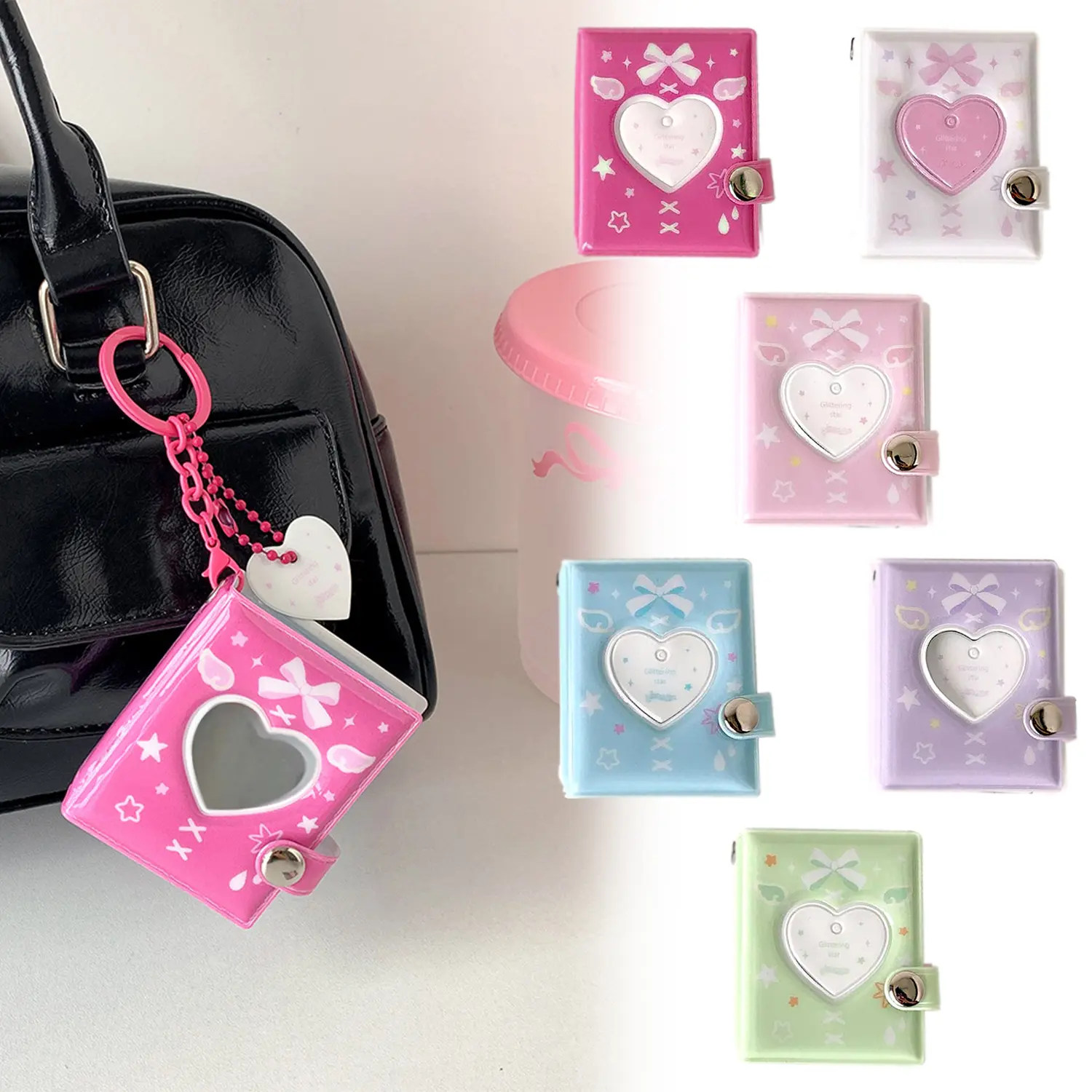 Unisex Lightweight 2-In Mini Photo Album Keychain Set of 3 - Cute Bow Bag Charms, Photocards Binder, 32-Pocket Picture Book for Photos, Kpop Card & Wallet Picture Holder