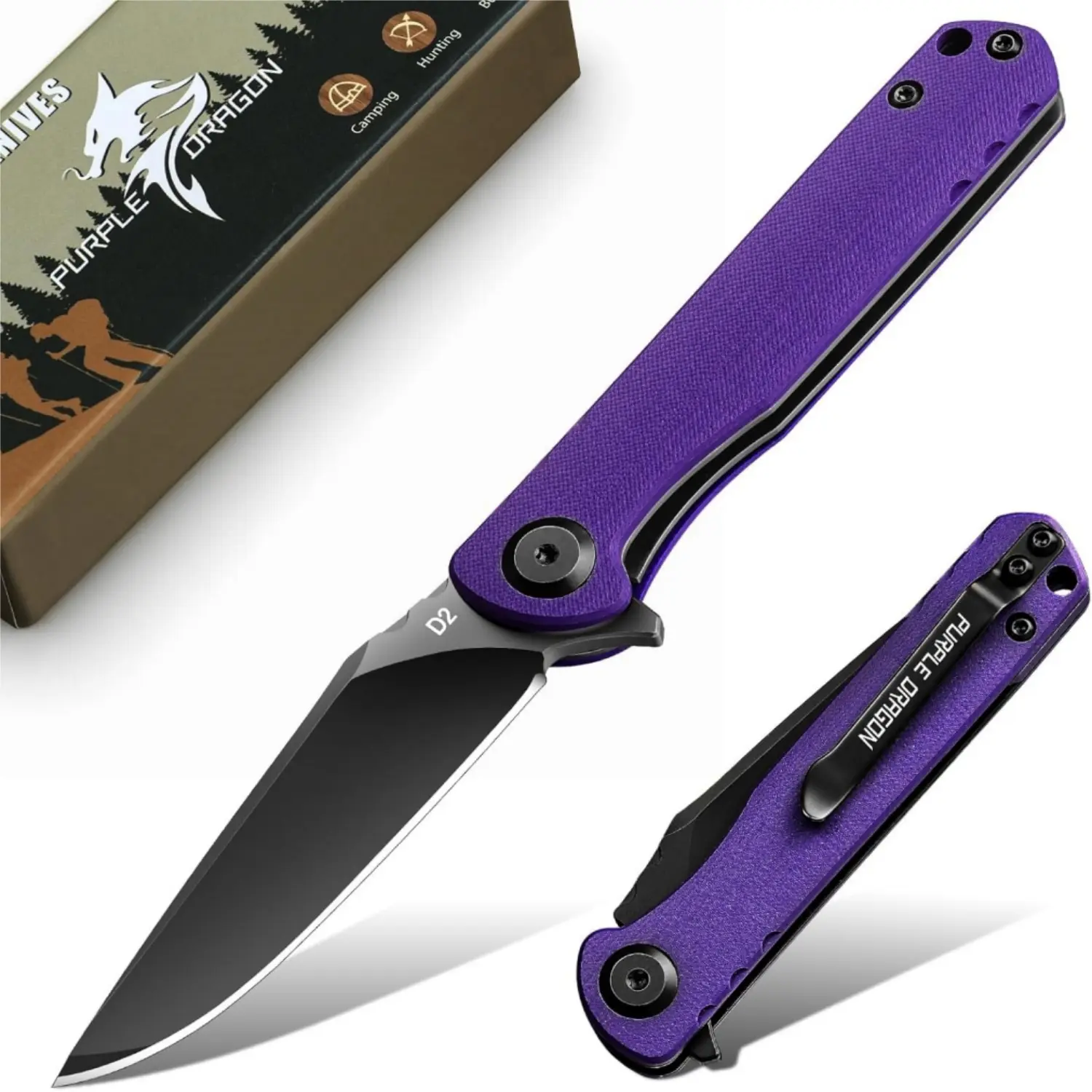 Purple Dragon Folding Pocket Knife - Compact EDC Pocket Tool - Purple | D2 Steel Drop Point Blade, G10 Handle, Carry Clip, Smooth Opening Design, Secure Locking System, Gift Box, Gift for Men & Women