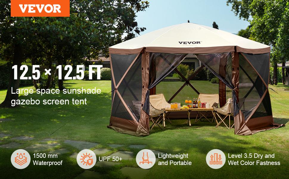 VEVOR Camping Gazebo Screen Tent, 12*12ft, 6 Sided Pop-up Canopy Shelter Tent with Mesh Windows, Portable Carry Bag, Stakes, Large Shade Tents for Outdoor Camping, Lawn and Backyard, Brown/Beige VEVOR Camping Gazebo Screen Tent, 12*12ft, 6 Sided Pop-up Canopy Shelter Tent with Mesh Windows, Portable Carry Bag, Stakes, Large Shade Tents for Outdoor Camping, Lawn and Backyard, Brown/Beige
