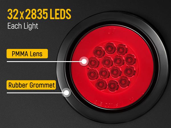 Partsam 4Pcs 4 Inch Round LED Trailer Tail Lights Red with Halo Glow Stop Turn Tail Running Lights 12-24V IP67 Waterproof