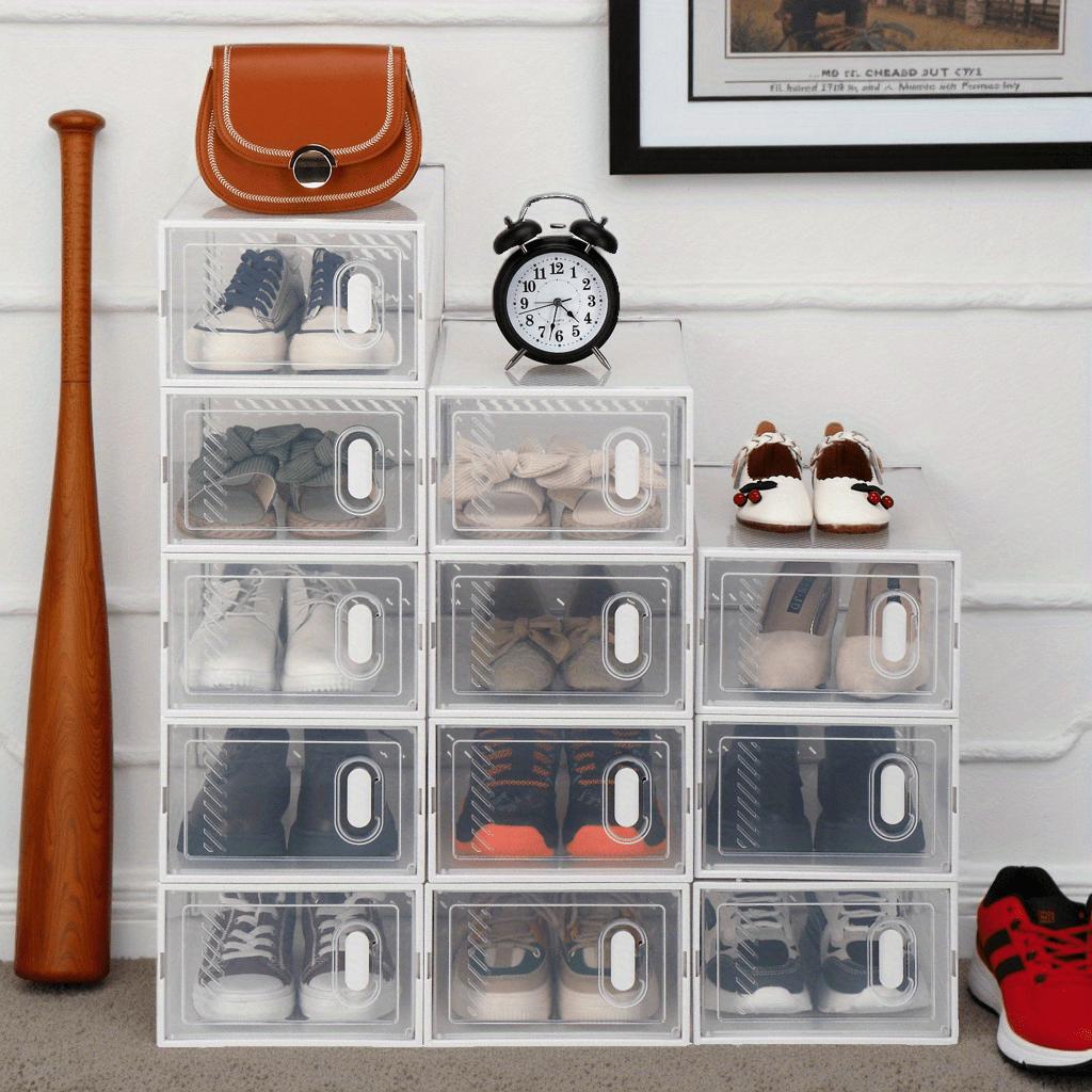 12 Pack Clear Plastic Stackable Shoe Storage Boxes with Lids - Durable Space-Saving Closet Organizers for Women & Men, Rectangular Containers for Shoes, Accessories & Home Organization White Versatile Container Use Modern Aesthetic Easy Visibility Racks