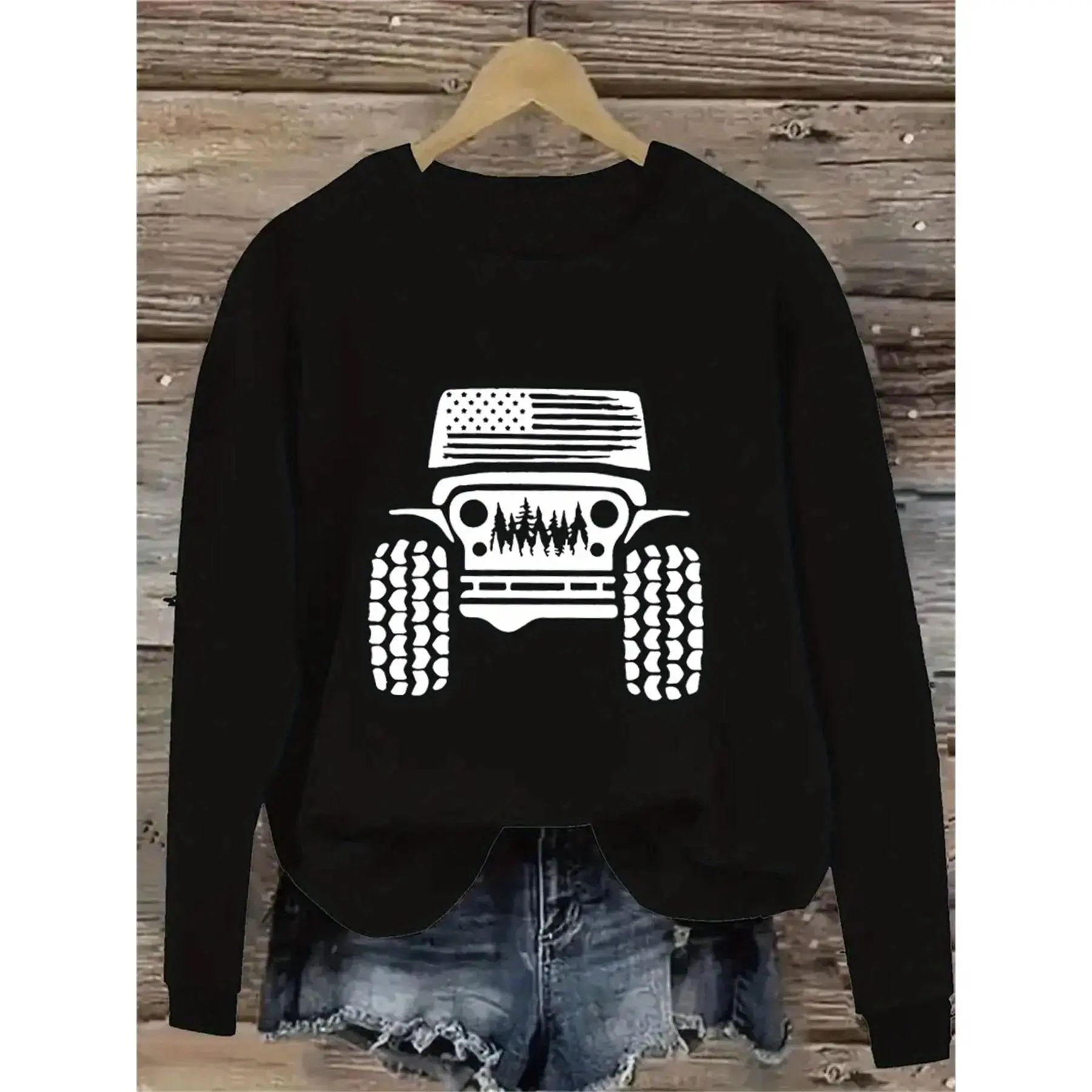 LoomLab Outfitters Women's Printed American Flag Crewneck Sweatshirt - Cotton, Longsleeves, Round Neck, Simple, Patriotic 4th of July, Off-Road Vehicle Graphic, Cozy Fall Winter Pullover, Unisex Streetwear, Gift for Truck Lovers