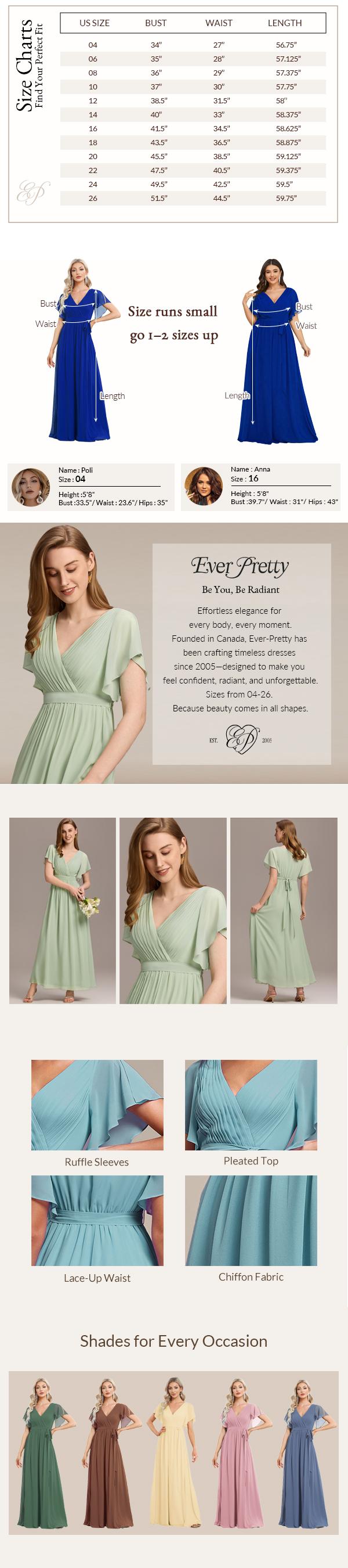 Ever-Pretty  Vneck A-Line Pleated Shortsleeve Chiffon Tie-Waist for Wedding dresses,  Minimalist Formal Events EE0164 Womenswear Comfort