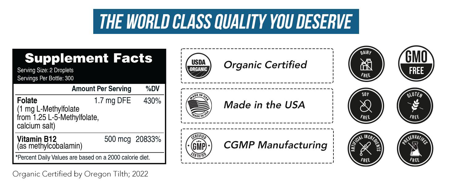 L- Methylfolate 15mg + B12 Pro Strength, Liquid 5-MTHF Form, Supports Mood, Methylation, & Cognition Supplement Energy Levels Vitamin Methylcobalamin