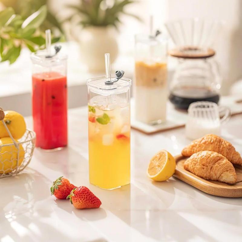 12 Pack 16oz Clear Round Glass Cups with Bamboo Lids Bent Straws Brushes Large Capacity Home Office Beverage Cup Set