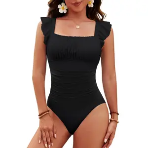 VIMPUNEC Tummy Control Ruched One Piece Swimsuit Ruffle Sleeve Slimming Bathing Suit Lace Up Back Modest Swimwear
