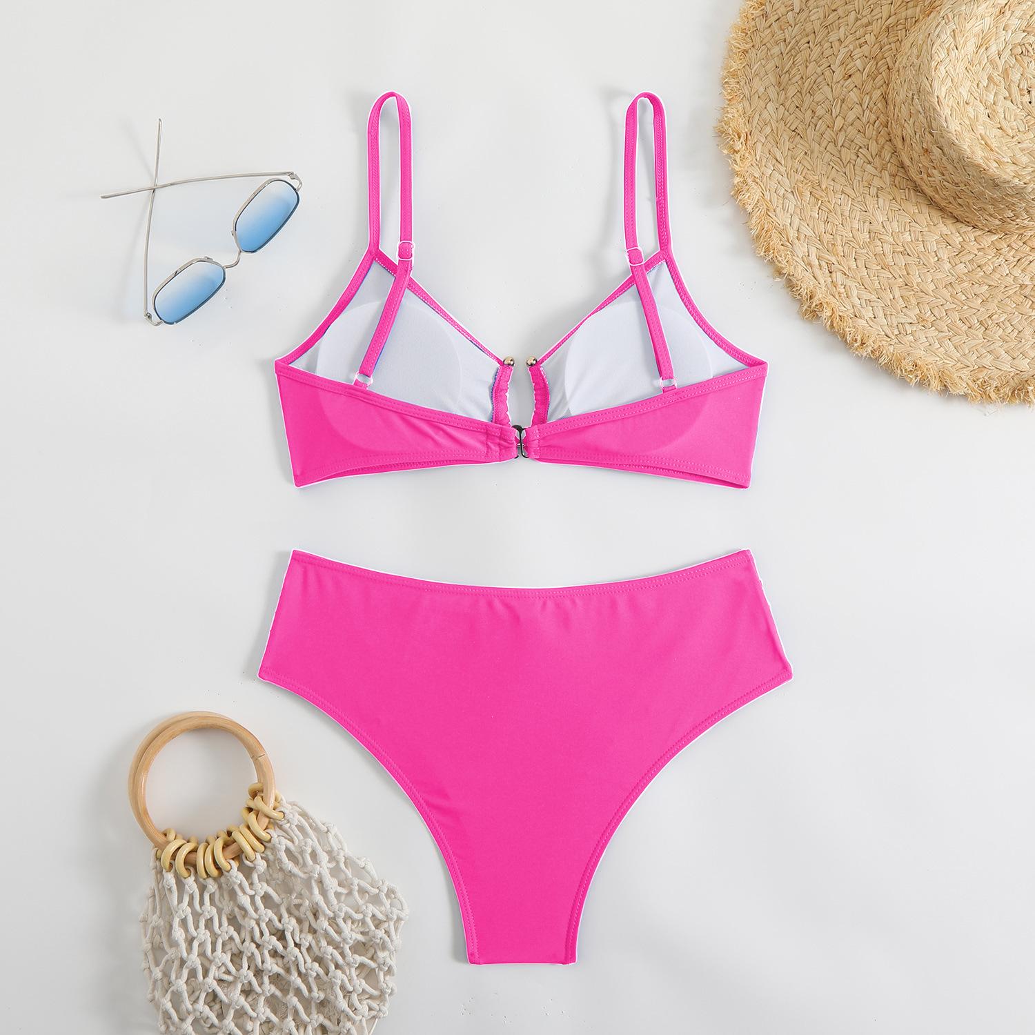 Hilor Women's Two-Piece Bikini Set with Plain Contrast Binding O-Ring Deco Ruch Swim Top & High-Cut Swim Bottoms for Summer Beach Outings