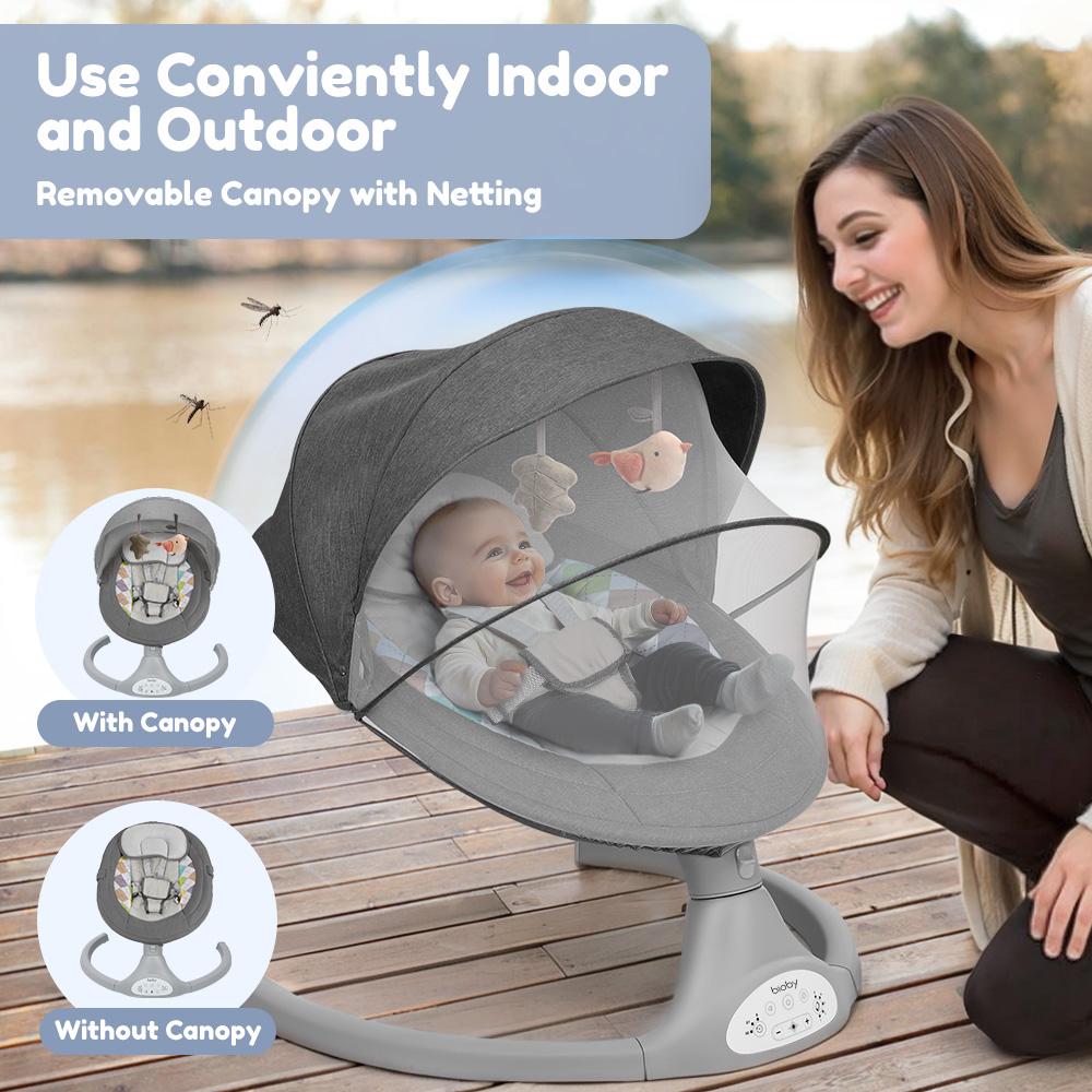 COMOMY Electric Baby Swing for Infants, Hands-Free Baby Soother, for Newborn Boy Girl, 5 Sway Speeds with Remote Control, Adapter Operated/AC power, 10 Preset Melodies and Bluetooth, 0-6 Months Max 20 Lbs, Swing Electric Toddler Baby Rocker Portable
