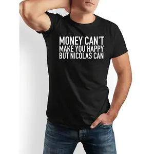 Men's Funny "Money Can't Buy But Nicolas" Slogan T-Shirt - Nicolas Name Print Crew Neck Casual Top, Machine Washable Basic Tee for Daily Wear & Gifts