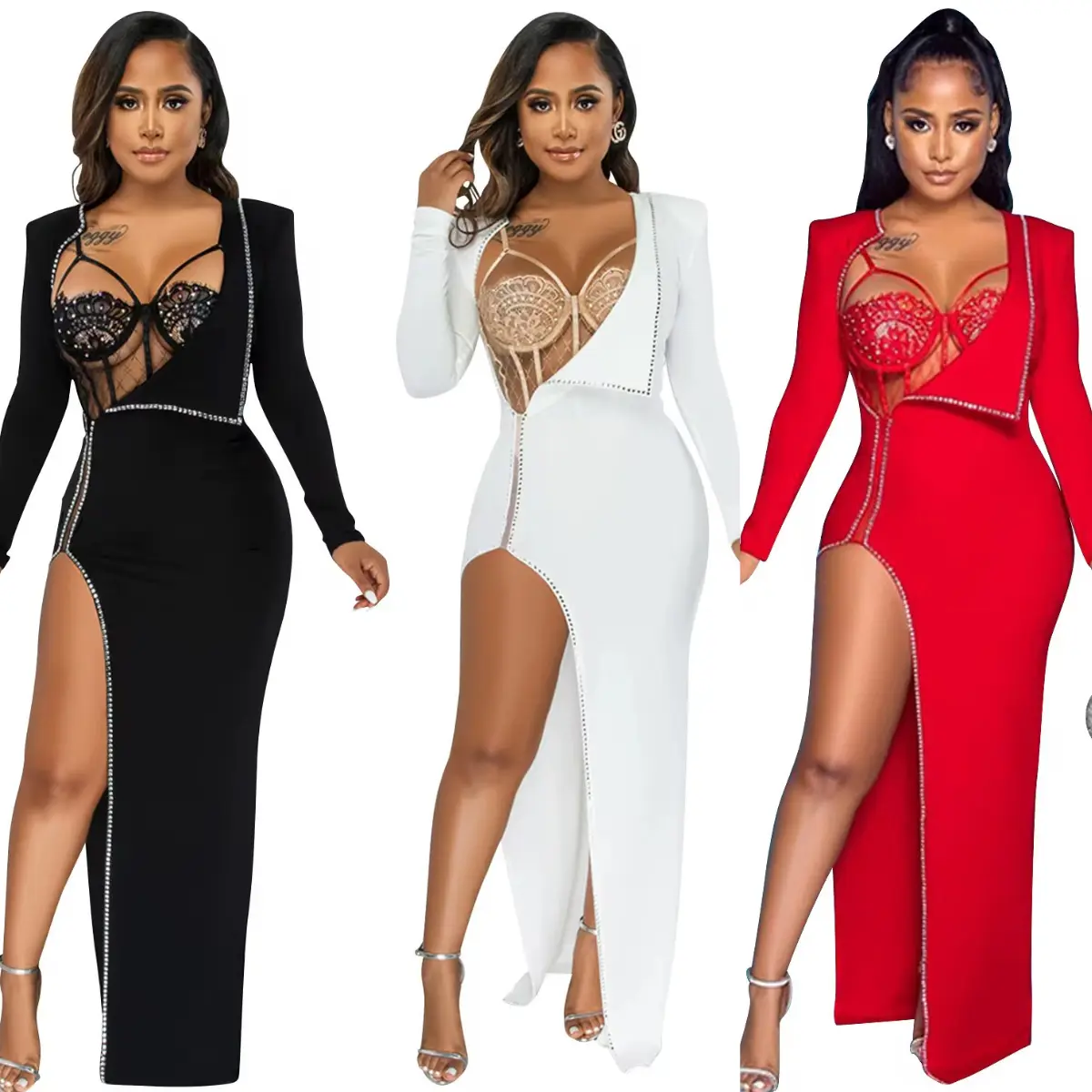 2 PCS women’s sexy maxi dress with lace bodysuit Formal Spandex concert outfits 2 PCS women’s sexy maxi dress with lace bodysuit Formal Spandex concert outfits