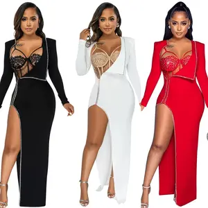 2 PCS women’s sexy maxi dress with lace bodysuit Formal Spandex concert outfits
