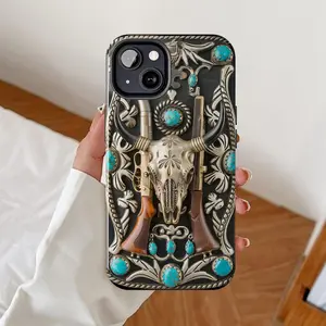 Western Magsafe phone case, 3D Image of Silver Engraved Belt Buckle, Longhorn bull skull iPhone cover, Turquoise Samsung, Cowboy Google