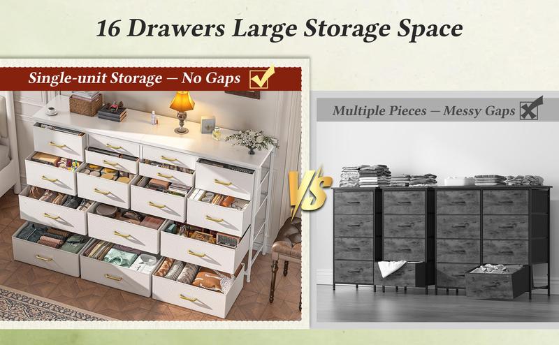 [24H-Support]Raybee TV Stand Dresser with 12/16 Drawers, Large Fabric Home Storage Organizer&Drawer Chest, Wide Entertainment Center with Charging Station & USB Ports for Living Room, Bedroom, Apartment; Modern Media Console Cabinet Tower for Home Décor