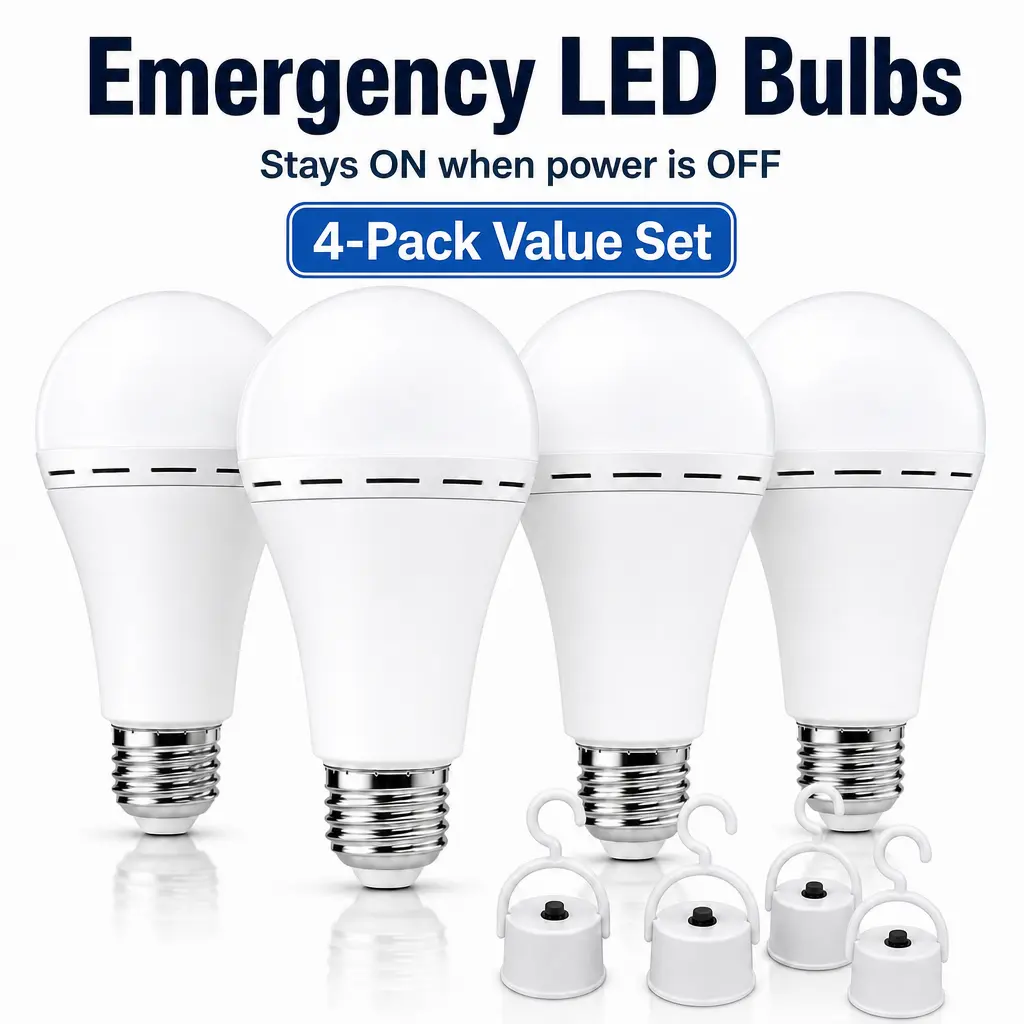 4-Pack E26 Rechargeable Emergency Light Bulbs, 12W (60W Equivalent) 6000K Daylight Battery Backup LED for Power Outage & Hurricane Prep & Camping, A Emergency White  LED Flashlight