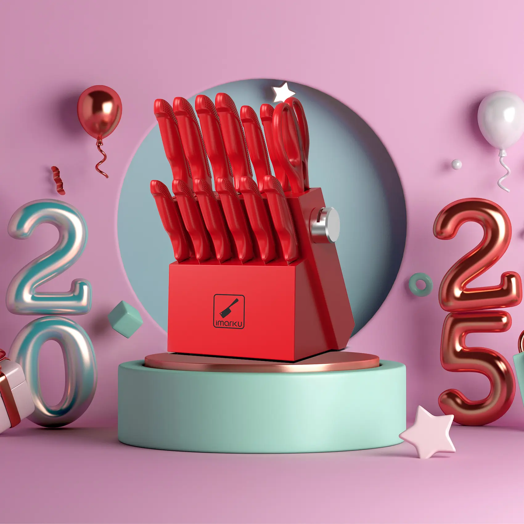 imarku red 14 PCS Knife Set with Block, Sharp Knife Set with Built-in Sharpener, Japanese Stainless Steel Kitchen Knife Set, Best Gift