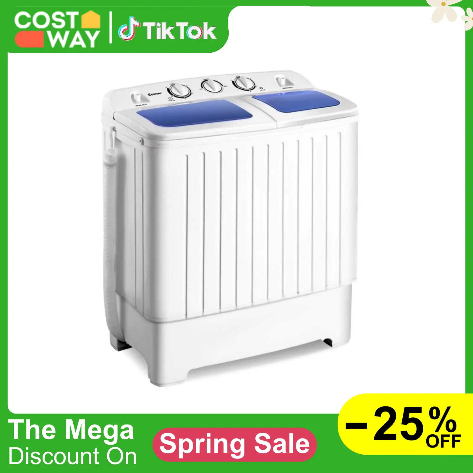 Costway Compact Twin Tub Washing Machine - Portable Household Washing Machine for Home Use
