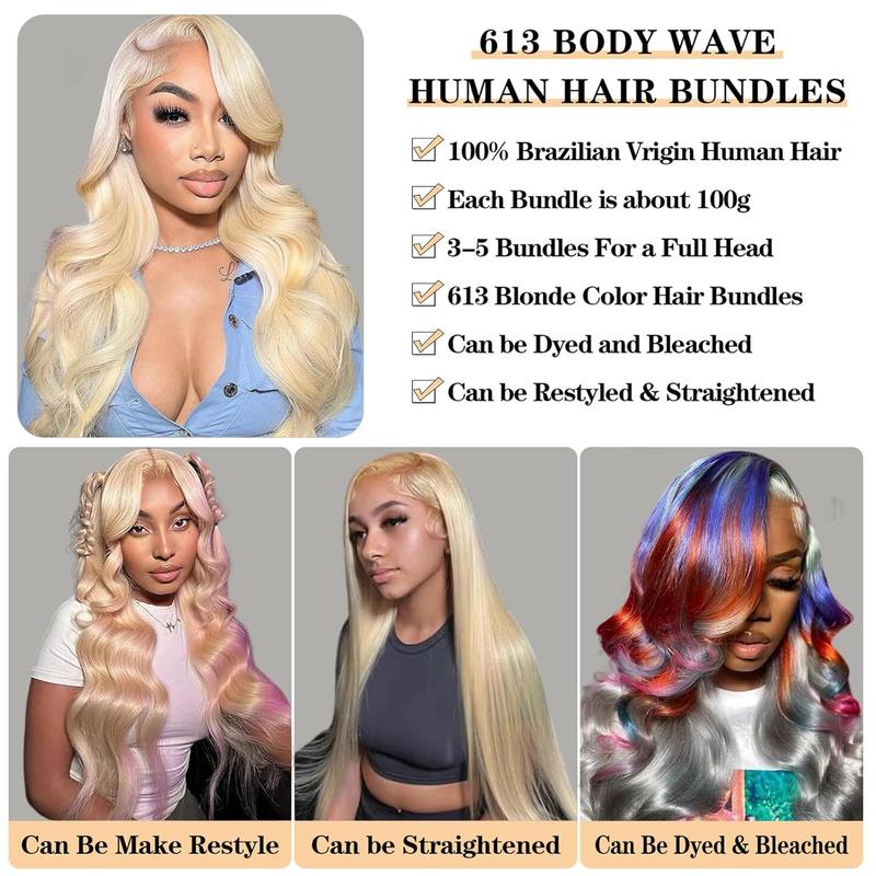 613 Blonde Body Wave Bundles Human Hair with lace closure 15A Grade Brazilian Virgin Body Wave Human Hair 3 Bundles with 4*4 lace closure 100% Unprocessed Virgin Remy 613 Blonde Hair Weft Bundles 100% human hair