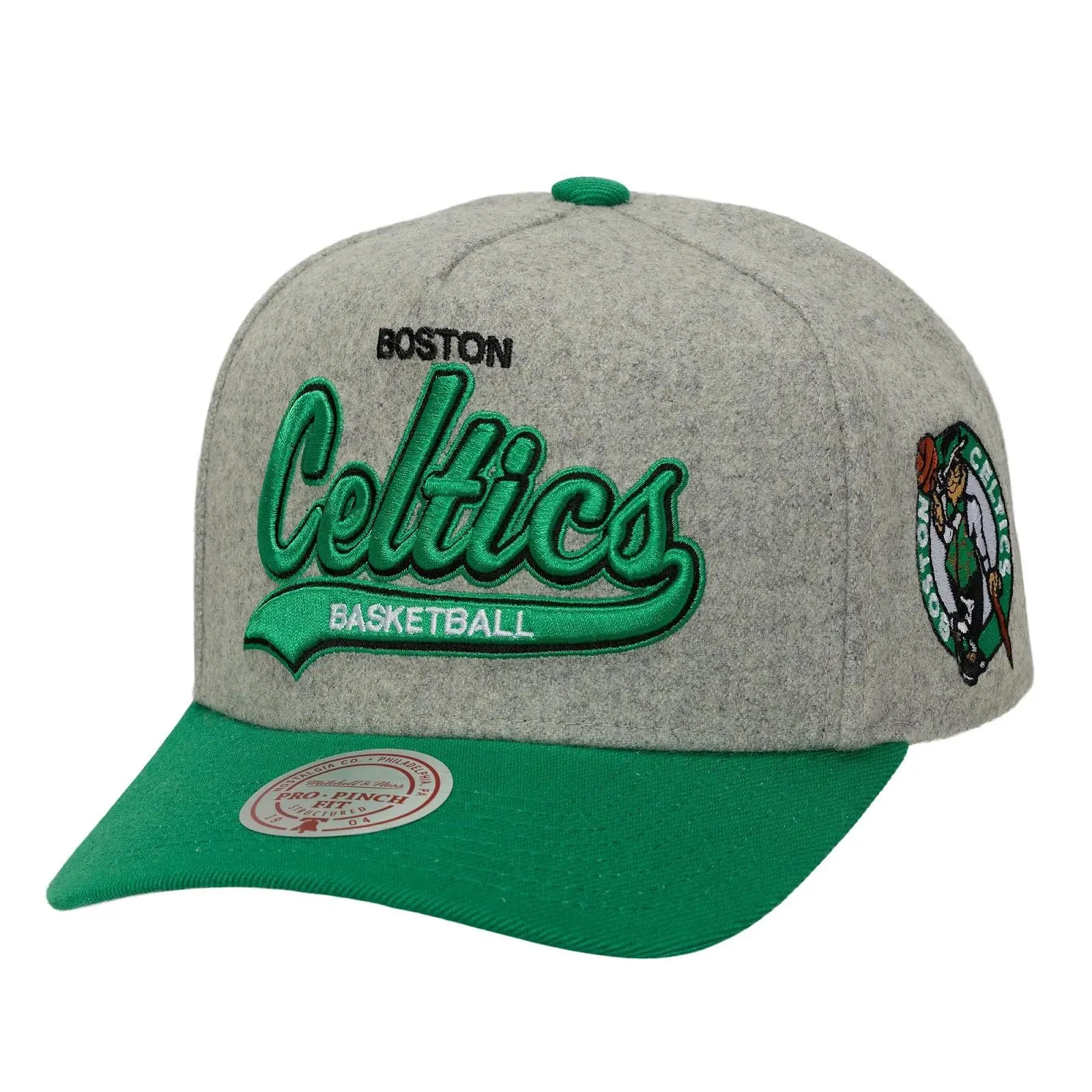 Mitchell & Ness Unisex Boston Celtics Heather Gray Tailsweep Pro Pinch Snapback Hat - Casual, Cotton, Graphic, Regular Fit Cap