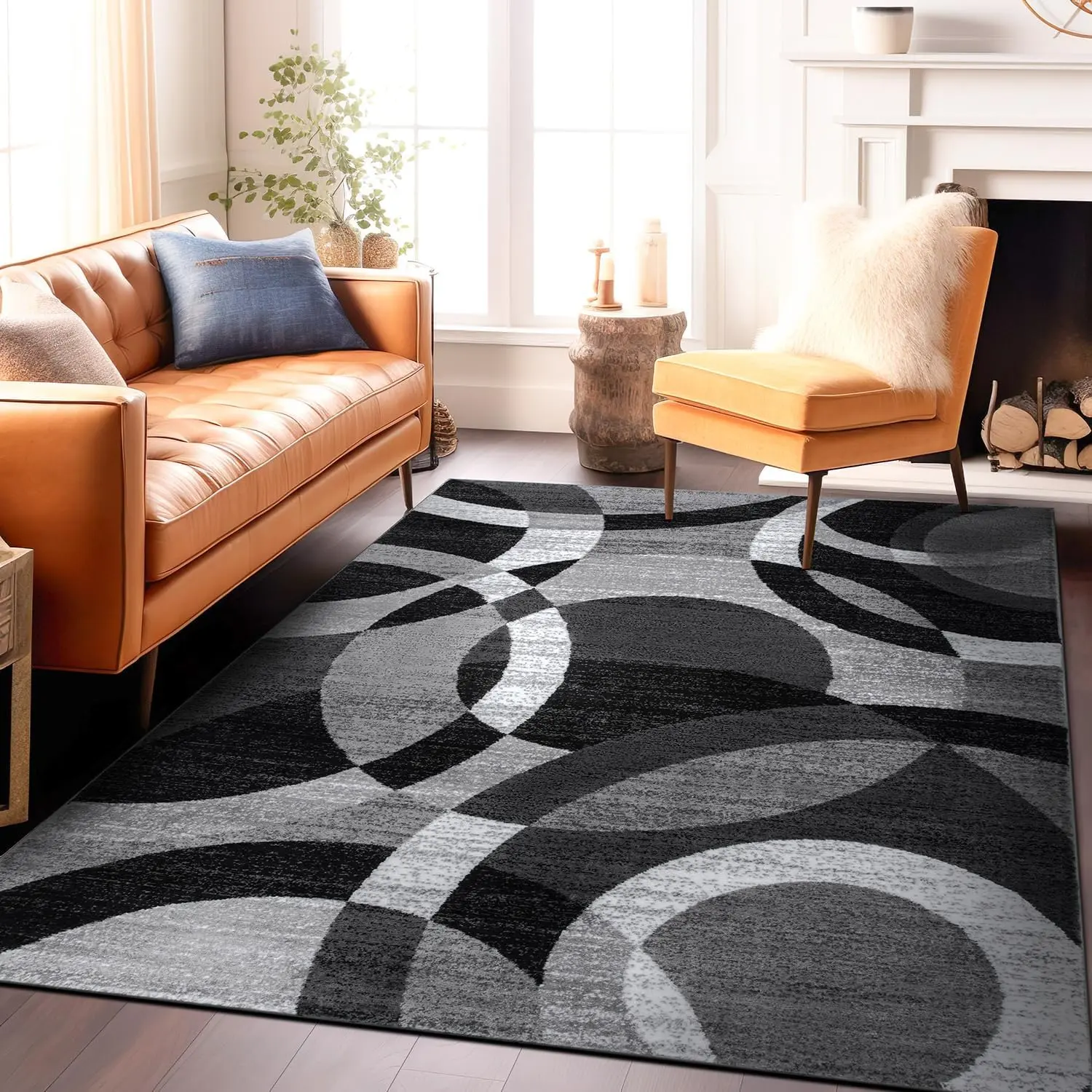 Red Modern Geometric Home Decor Area Rug, Indoor Overlapping Circle Pattern, Fade-Resistant Non-Shedding for Living Room, Bedroom, Home Decor Rugs