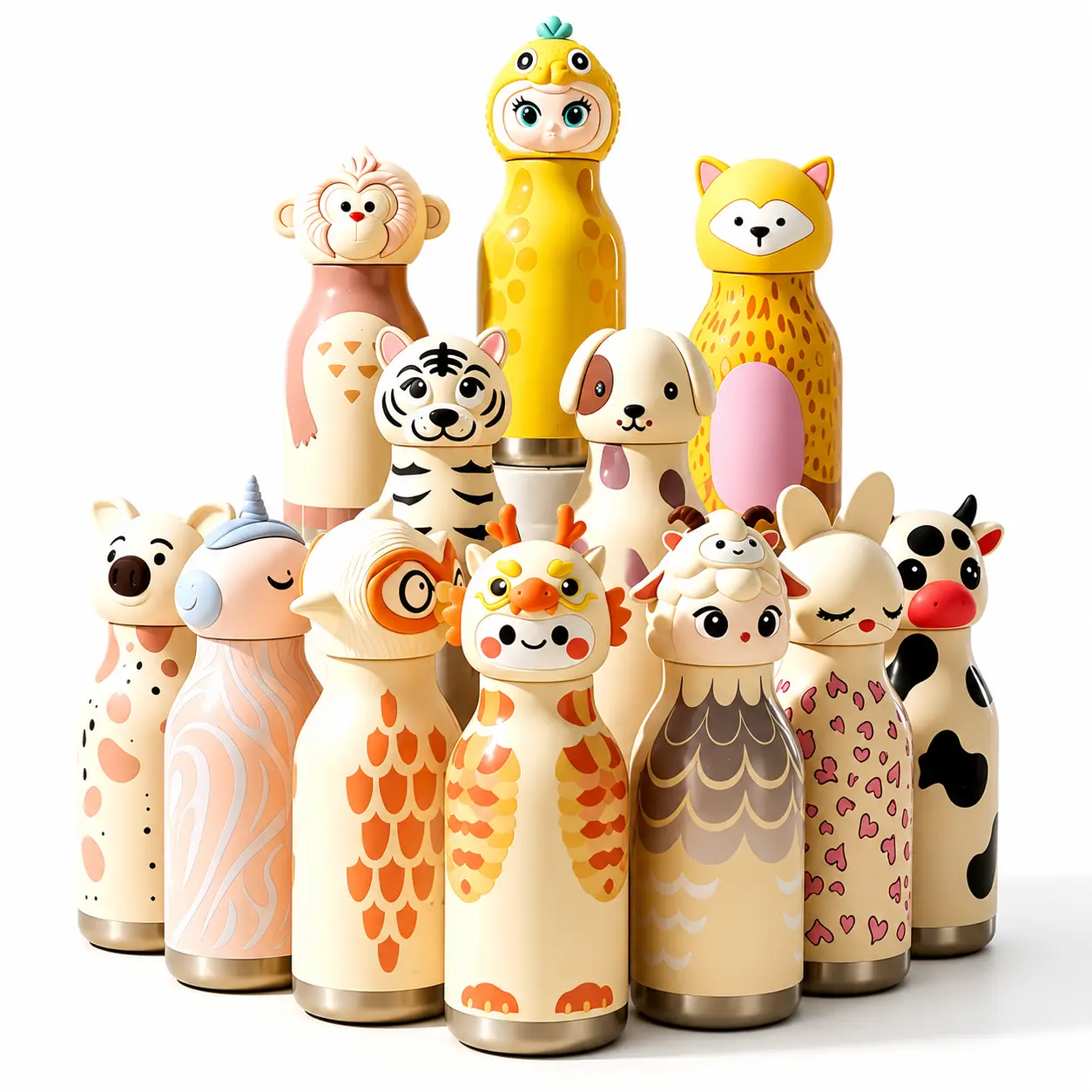 15.2oz (450ml) BPA-Free Food-Grade Portable Modern Vacuum-Insulated Water Bottle - pp+steel Build, 12 Chinese Zodiac Animal Lids, Cute Cartoon Kids Travel Tumbler, 13-24H Insulation, for Home & Gifting
