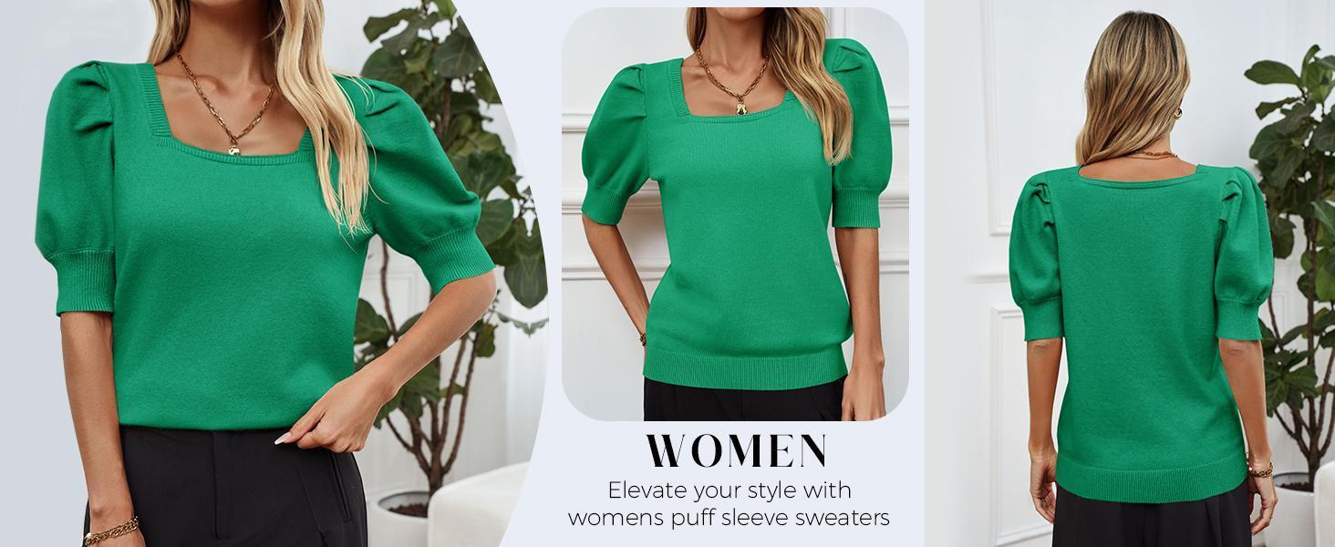 Imily Bela Women's Puff Short Sleeve Sweater Tops Spring Summer Trendy Crew/Square/V Neck Casual T Shirts Blouses Knitwear Comfort Basic Minimalist