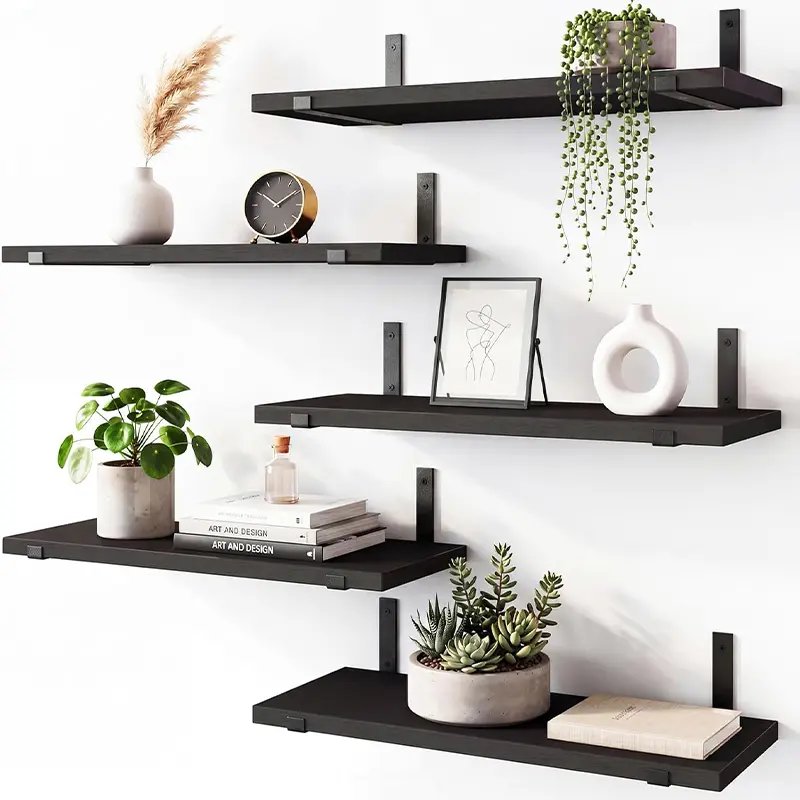 4-Piece Wood-Metal Floating Shelves with Wall-Mounted Metal Brackets, Home Organizer Storage Racks for Bedroom, Living Room Decor Displays