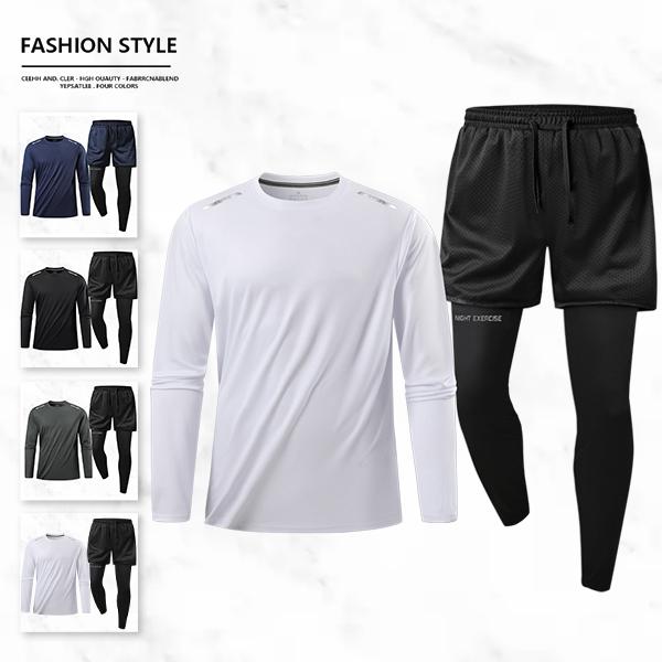 Men's Sports Two-Piece Set with Long-Sleeve Top & Breathable Mesh Shorts Quick-Dry Fabric Reflective Strips Drawstring Waistband for Enhanced Visibility fathersdaygift