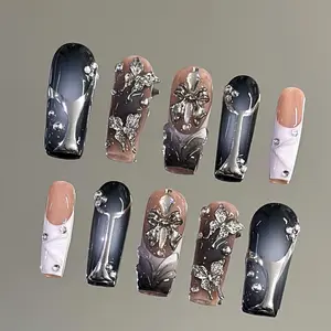 NailVesta LUNAR WHISPER – 100% Handcrafted 3D Press-On Nails | Reusable, Long-Lasting, Salon-Quality black lace nail art nail art