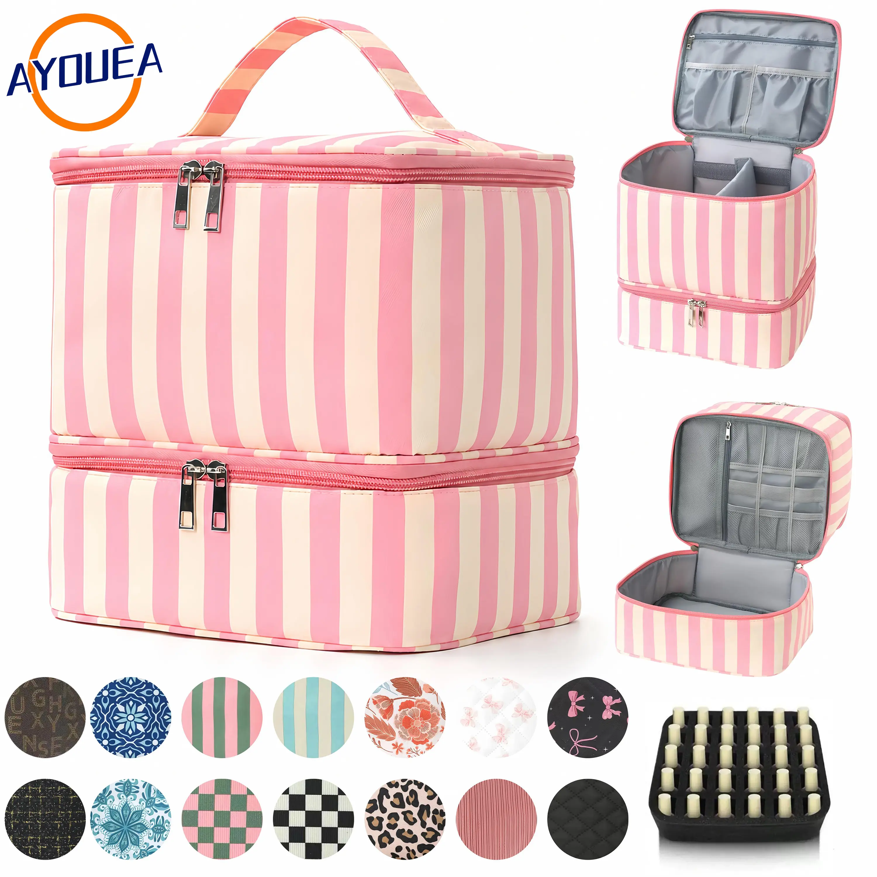 Double Layer Nail Polish Organizer Bag Valentine's Day Gift Quilted Portable Cosmetic Pouch Water Resistant Lightweight Travel Case for Manicure Tools Nylon Matte Makeup Storage Smooth Jewelry Box Fits Nail Lamp Girlfriend Present Minimalist Cover