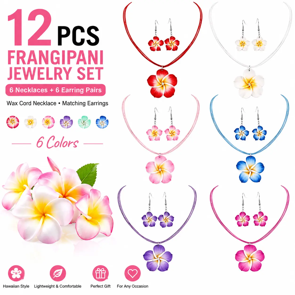 12-Piece Frangipani Jewelry Set – Polymer Clay Plumeria Flower on Wax Cord Necklace + Matching Earrings, 6 Color (Pink/White/Yellow/Purple/Mint/Blue), Lightweight Hawaiian Boho Gift Set for Women (6 Necklaces + 6 Earring Pairs)