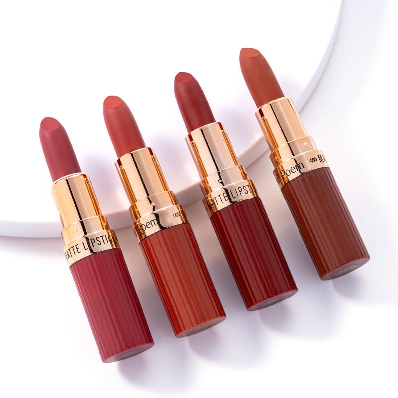 Leaf Poem Soft Matte Lipstick Collection – 4 Versatile Shades, Waterproof & Transfer-Proof for Daily Use, Rich Color, Long Lasting Lipgloss Glossy cool  tone  red  lipstick
