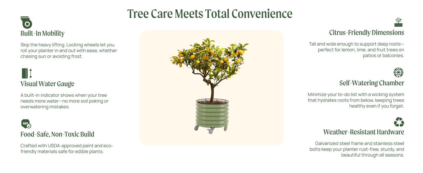 Vego Garden 30 Gallon Rolling Metal Citrus Tree Planter with Self-Watering System Round Planter Box for Porch Patio & Backyard Raised Garden Bed with Wheels for Growing Trees Tomatoes Vegetables and Flowers