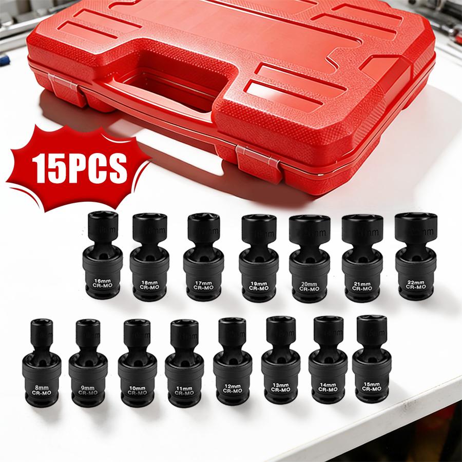 15PCS 3/8" Drive Shallow Universal Impact Socket Set,Swivel Socket Set,Metric Flexible Wobble Sockets, CR-MO,8-22mm, 6 Point