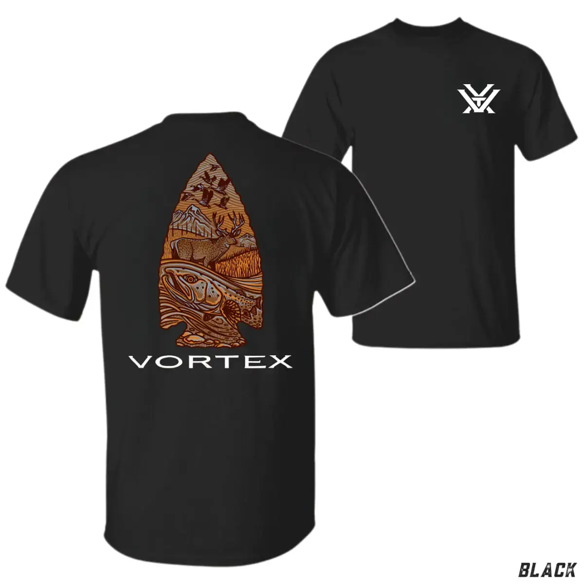 Vortex Arrowhead Wildlife Tshirt - Navy Sports Top with Detailed Print of Trout, Deer, Ducks, Mountains, Fishing & Outdoor Scenes, Standard Sizes for Hunters & Nature Enthusiasts, Mens Rustic Apparel, Street, Outdoor Enthusiasts