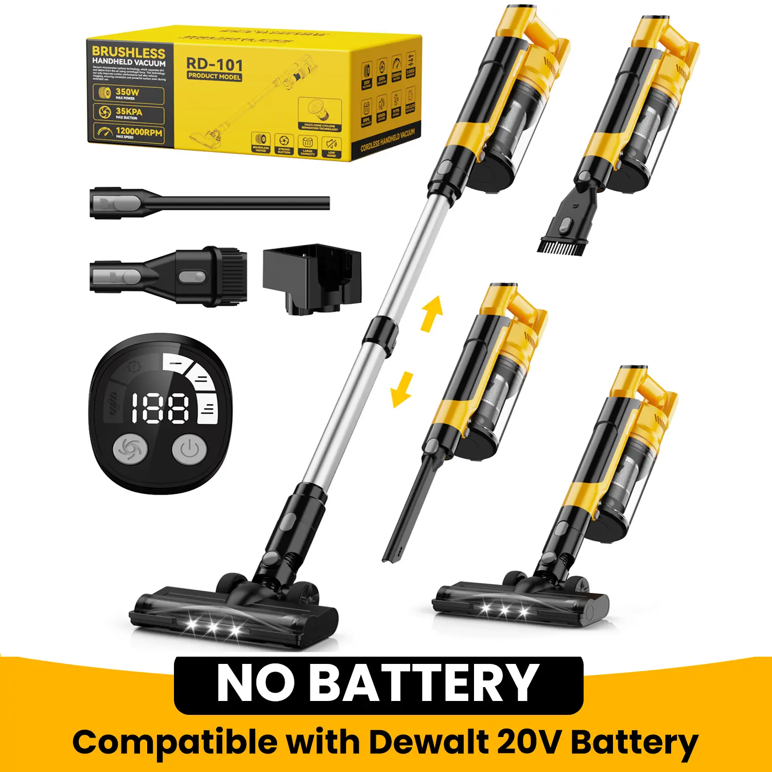 【No Battery】350W Cordless Vacuum Cleaner for Dewalt 20v Battery/ for Milwaukee M18 Battery/ for Makita 18V Battery, 35kPa Brushless Lightweight Stick Vacuum with 3 Mode Suction,6 in 1 Stick Vacuum Cleaner with HEPA for Floor,Carpet, Car