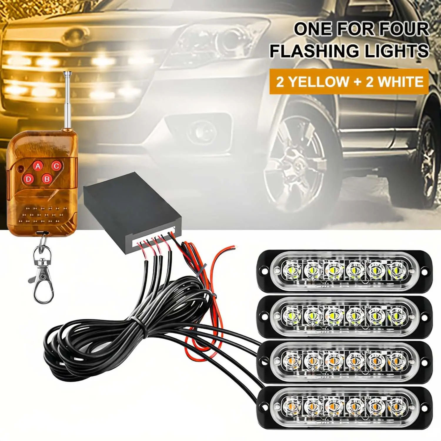 4 IN 1 LED Warning Light Bar with Remote Control, Ultra-bright 10 Flash Modes Work Light, 24 LED White & Amber Light Waterproof Warning Strobe Light Universal for Trucks Motorcycle Vehicles 12V