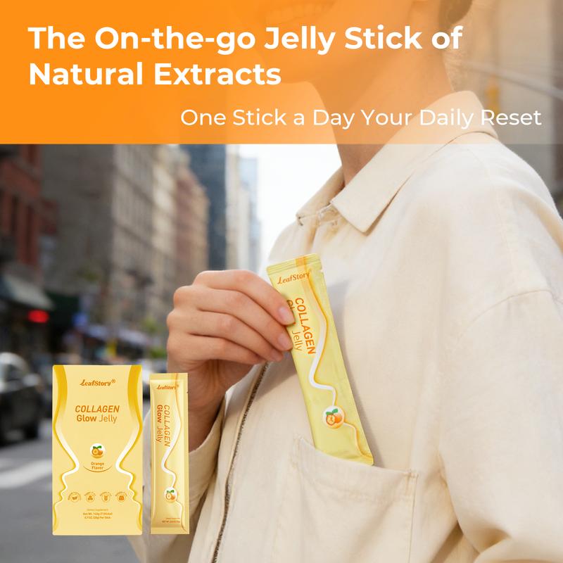 【Only 9.9】LeafStory Collagen Glow Reset Jelly (7 Sticks): Orange Flavor, Collagen, Support Skin Health & Elasticity, Support Hair & Nails, Stress Relief & Nerve Health, Sugar-Free, Gluten-Free, Non-GMO, Gelatin-Free, Natural Ingredients-G