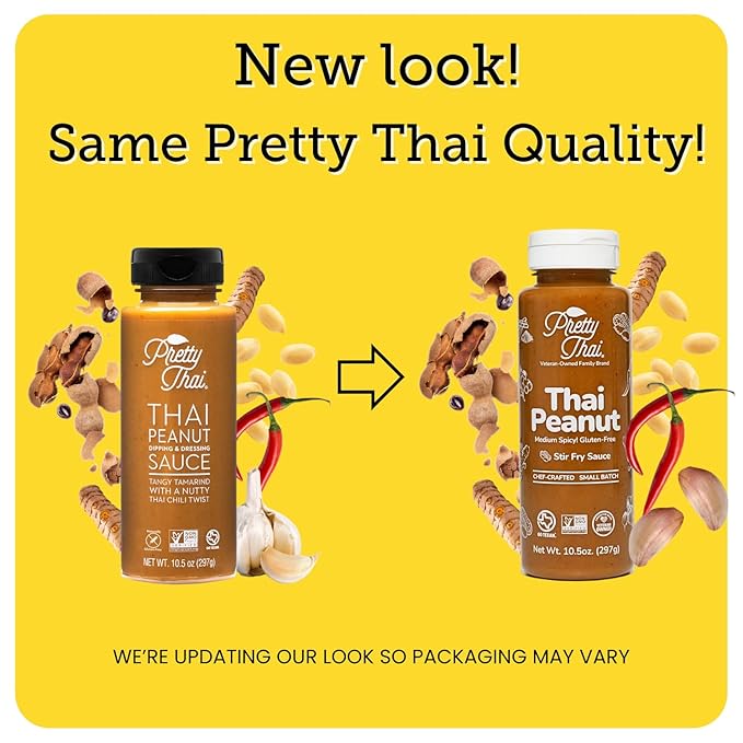 Pretty Thai Brand Thai Peanut Sauce Gluten Free Certified Non-GMO Vegan Authentic Stir Fry Dressing Rice Seasoning Condiment & Dipping Sauce 100% Natural 10.5oz