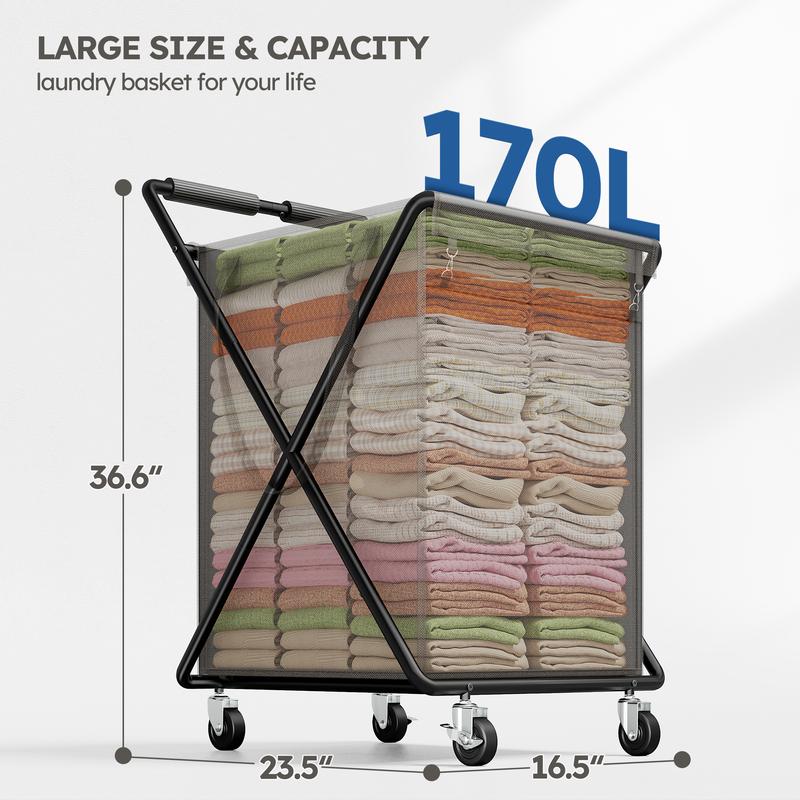 【Sturdy & Smooth】Raybee 170L/45 Gallons Laundry Basket With Wheels & Laundry Detergent Pocket,Extra Large Laundry Hamper for Home&Laundryroom,EZ move 100+ Clothes in 1 Trip!Washable BAG,No Sweat odors