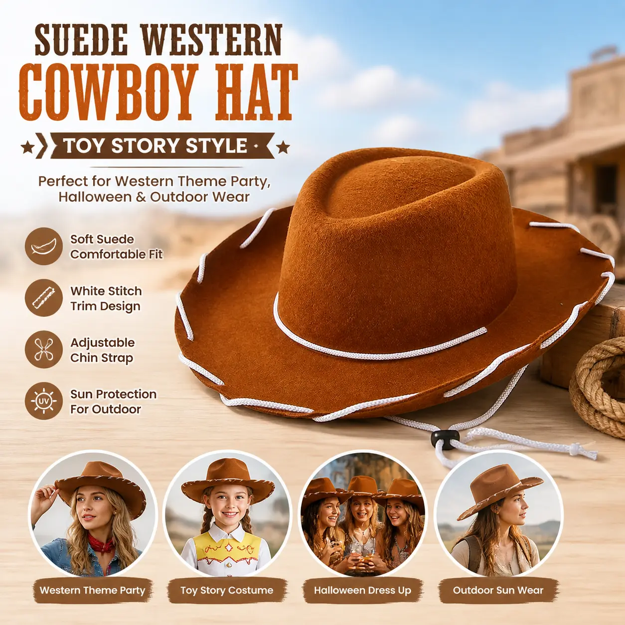 Brown Suede Western Cowboy Hat With White Stitch Trim, Adjustable Chin Strap Cowgirl Hat For Women Girls, Toy Story Style Costume Hat For Halloween, Western Theme Party & Outdoor Sun Wear