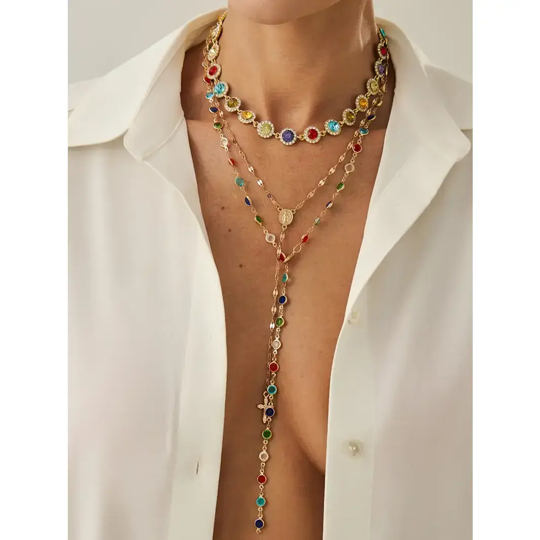 DearYou Studio B Women's Boho Alloy Chain Necklace Set, Colorful Crystal Pendant Stylish Accessories for Casual Daily Wear & Holiday Gifting