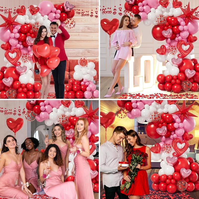 156pcs Valentines Day Balloon Arch Garland Kit with Pink White Red Confetti Heart Balloons Love Foil Balloons Explosion Star Balloons Rose Petals for Anniversary Wedding Romantic Decorations