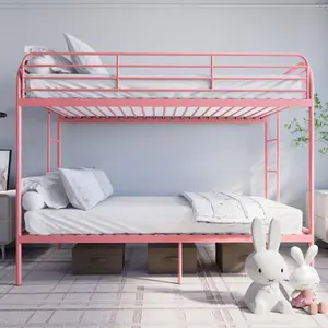 Metal Bunk Bed Twin Over Twin, Industrial Bunkbeds Heavy Duty Bed with Safety Guard Rails and Space-Saving Design, Iron Bed for School, Bedroom (Pink )
